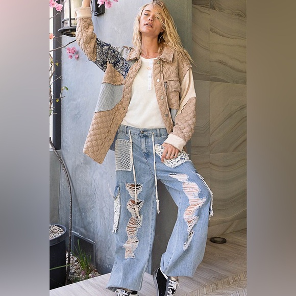 177B. Vintage Wash Crochet Patches Distress Cargo Jogger Pants - Blue Denim - Picture 4 of 5